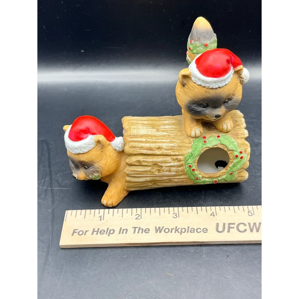 Vtg RR Roman Ceramic Raccoon Log‎ Christmas Holiday Figurine Santa Hats 5